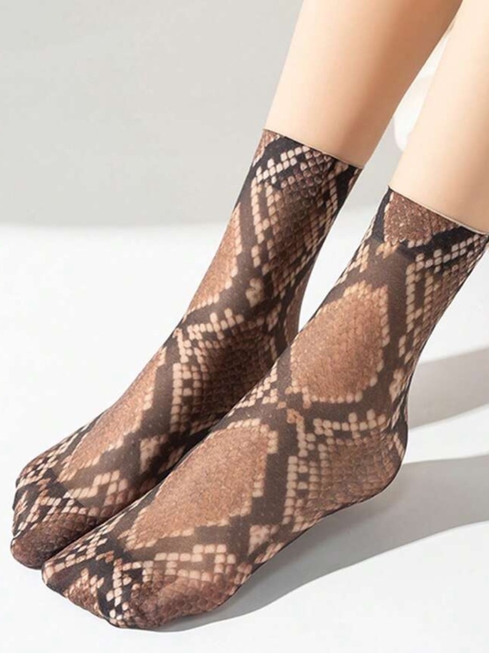 Sheer Snake Print Ankle Socks in Brown and Black
